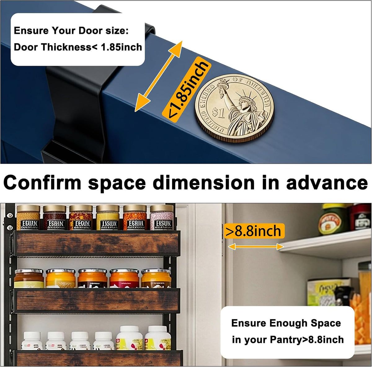 8 Tier Over The Door Pantry Orangizer 2 IN 1 Wall Mounted or Hanging Spice Rack with Adjustable Wood Basket,Heavy Duty Seasoning Storage Shelf for Kitchen Pantry and Bathroom