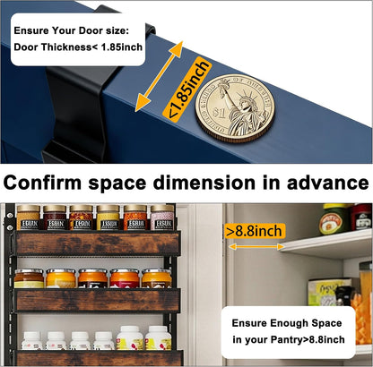 8 Tier Over The Door Pantry Orangizer 2 IN 1 Wall Mounted or Hanging Spice Rack with Adjustable Wood Basket,Heavy Duty Seasoning Storage Shelf for Kitchen Pantry and Bathroom