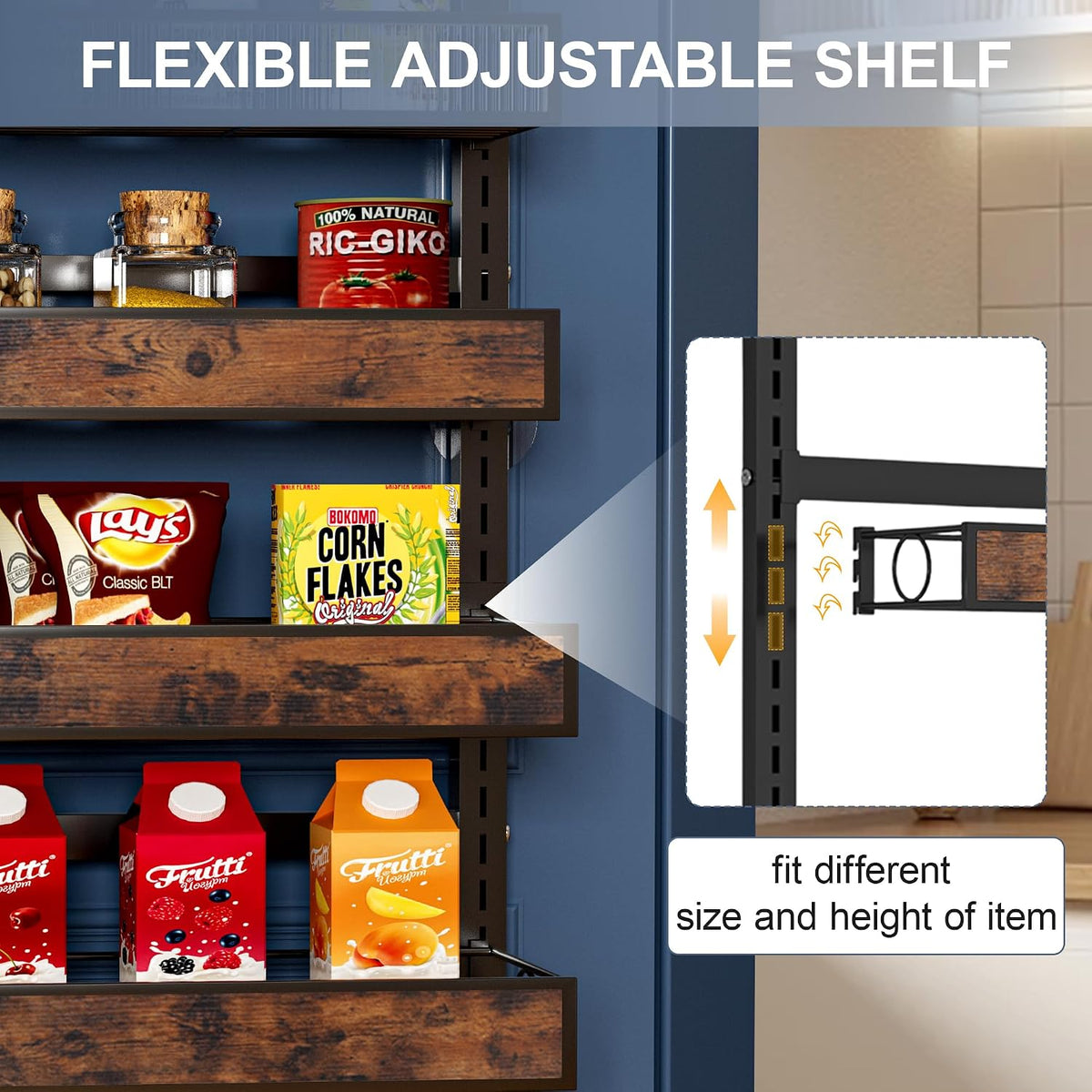 8 Tier Over The Door Pantry Orangizer 2 IN 1 Wall Mounted or Hanging Spice Rack with Adjustable Wood Basket,Heavy Duty Seasoning Storage Shelf for Kitchen Pantry and Bathroom