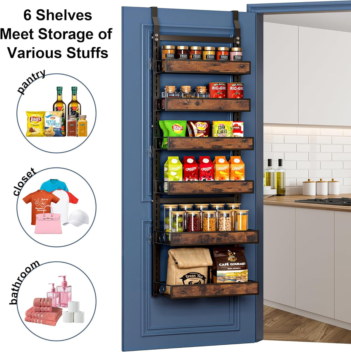 8 Tier Over The Door Pantry Orangizer 2 IN 1 Wall Mounted or Hanging Spice Rack with Adjustable Wood Basket,Heavy Duty Seasoning Storage Shelf for Kitchen Pantry and Bathroom