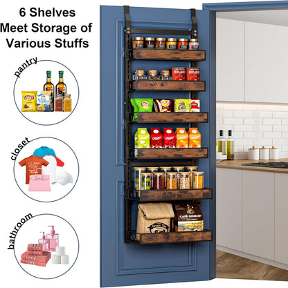 8 Tier Over The Door Pantry Orangizer 2 IN 1 Wall Mounted or Hanging Spice Rack with Adjustable Wood Basket,Heavy Duty Seasoning Storage Shelf for Kitchen Pantry and Bathroom