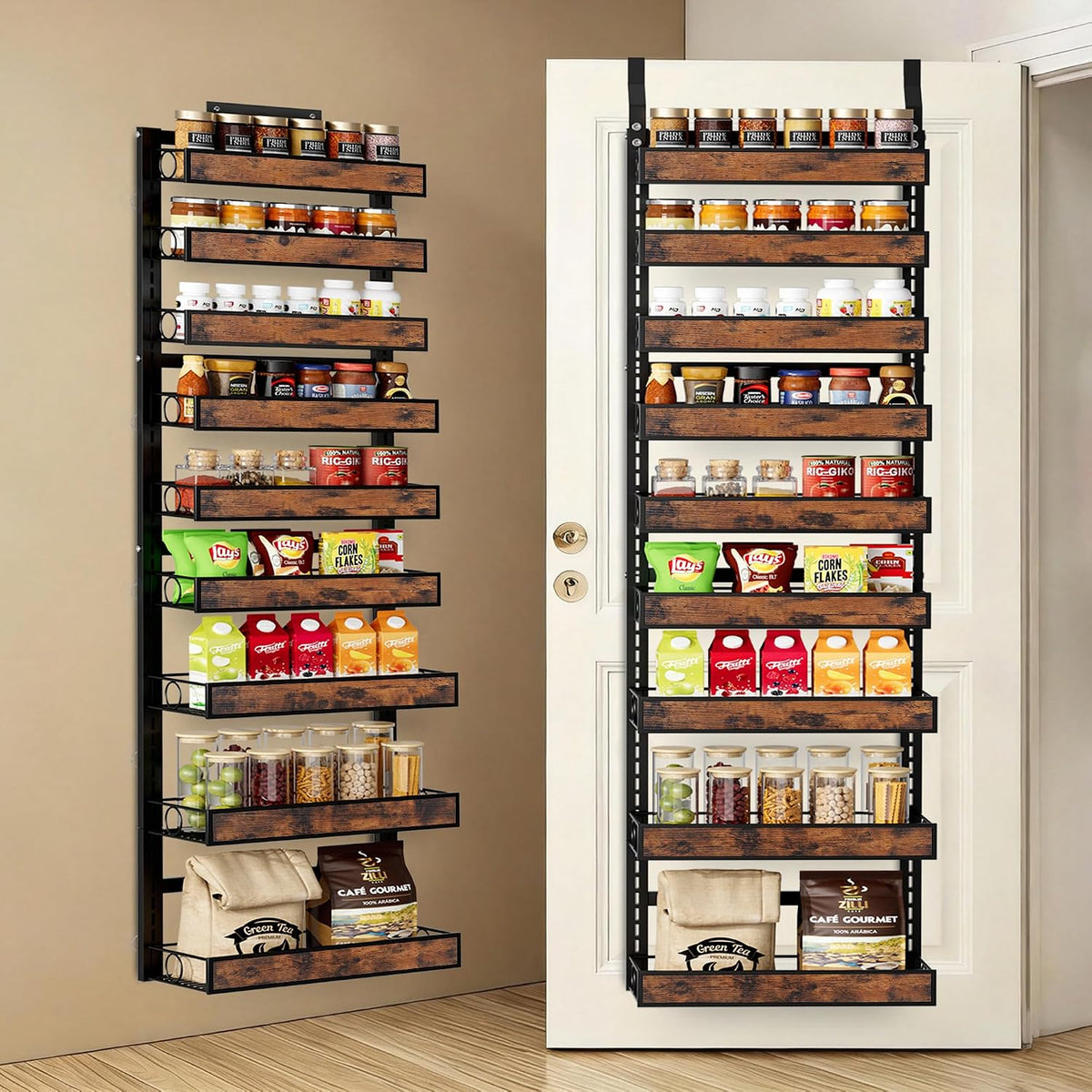 8 Tier Over The Door Pantry Orangizer 2 IN 1 Wall Mounted or Hanging Spice Rack with Adjustable Wood Basket,Heavy Duty Seasoning Storage Shelf for Kitchen Pantry and Bathroom