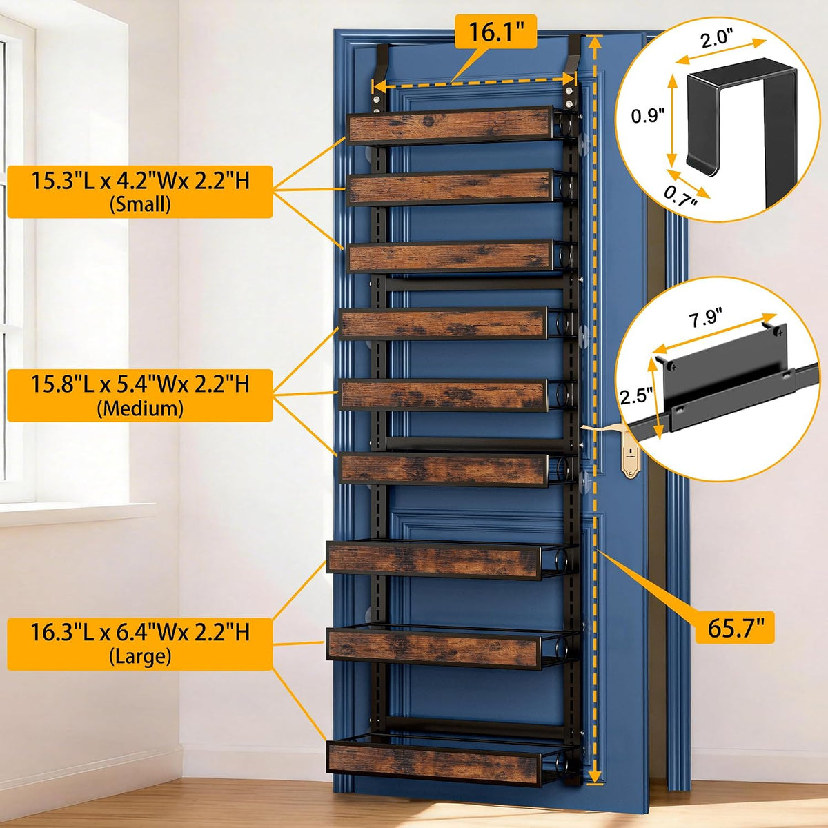 8 Tier Over The Door Pantry Orangizer 2 IN 1 Wall Mounted or Hanging Spice Rack with Adjustable Wood Basket,Heavy Duty Seasoning Storage Shelf for Kitchen Pantry and Bathroom