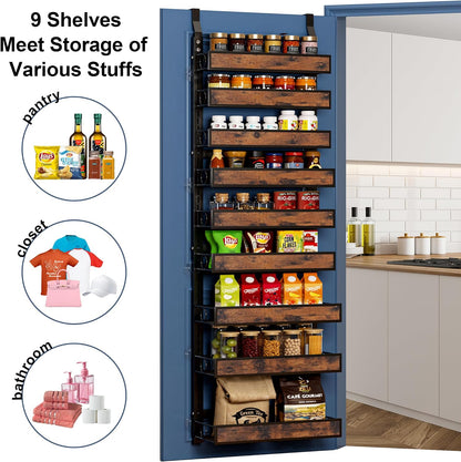 8 Tier Over The Door Pantry Orangizer 2 IN 1 Wall Mounted or Hanging Spice Rack with Adjustable Wood Basket,Heavy Duty Seasoning Storage Shelf for Kitchen Pantry and Bathroom