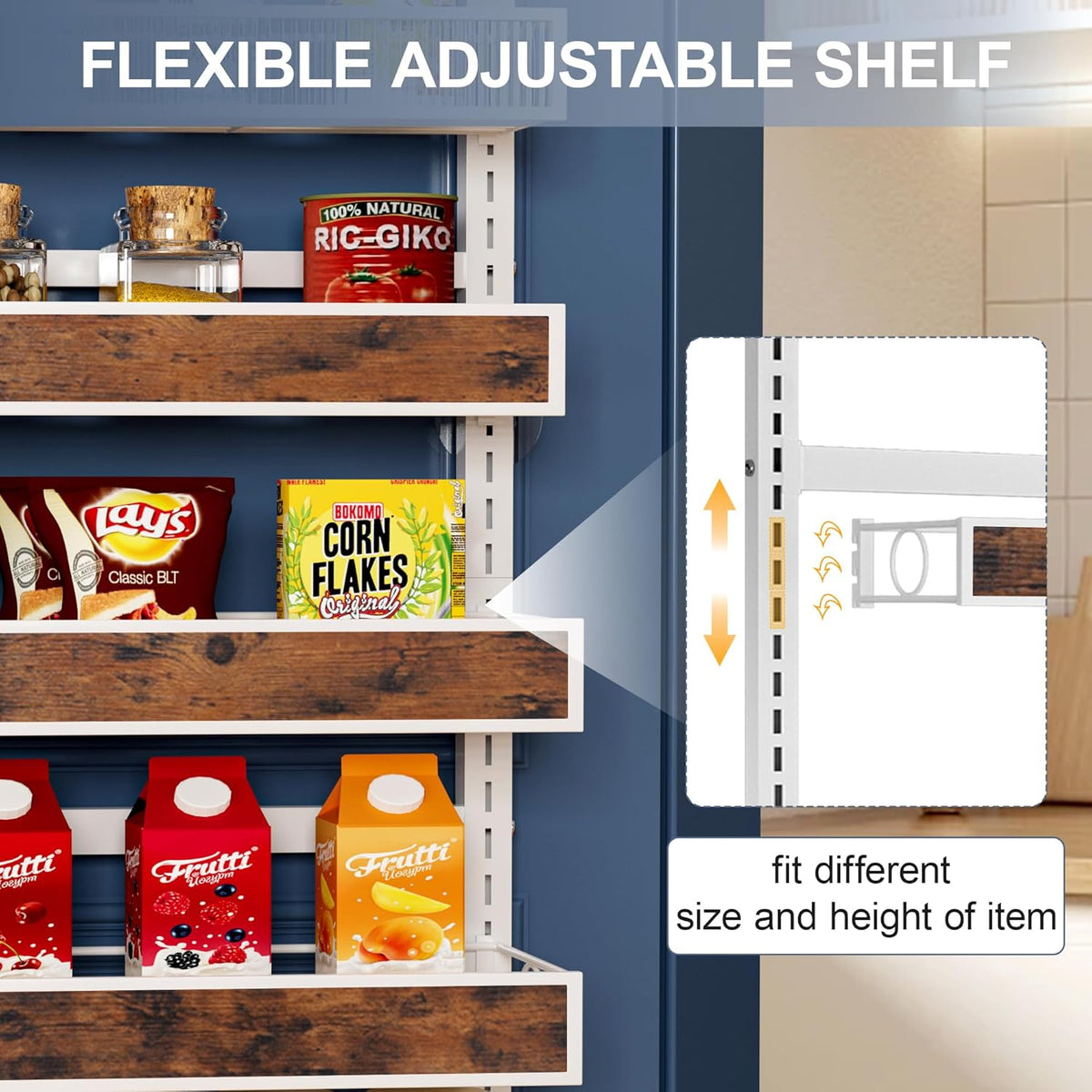 8 Tier Over The Door Pantry Orangizer 2 IN 1 Wall Mounted or Hanging Spice Rack with Adjustable Wood Basket,Heavy Duty Seasoning Storage Shelf for Kitchen Pantry and Bathroom
