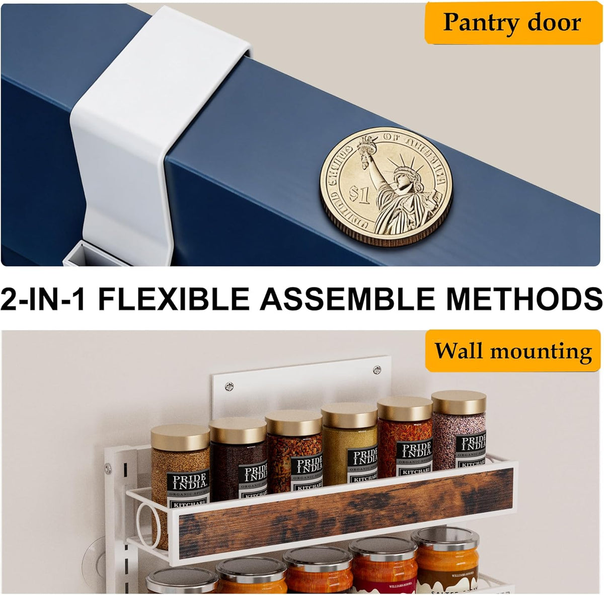 8 Tier Over The Door Pantry Orangizer 2 IN 1 Wall Mounted or Hanging Spice Rack with Adjustable Wood Basket,Heavy Duty Seasoning Storage Shelf for Kitchen Pantry and Bathroom