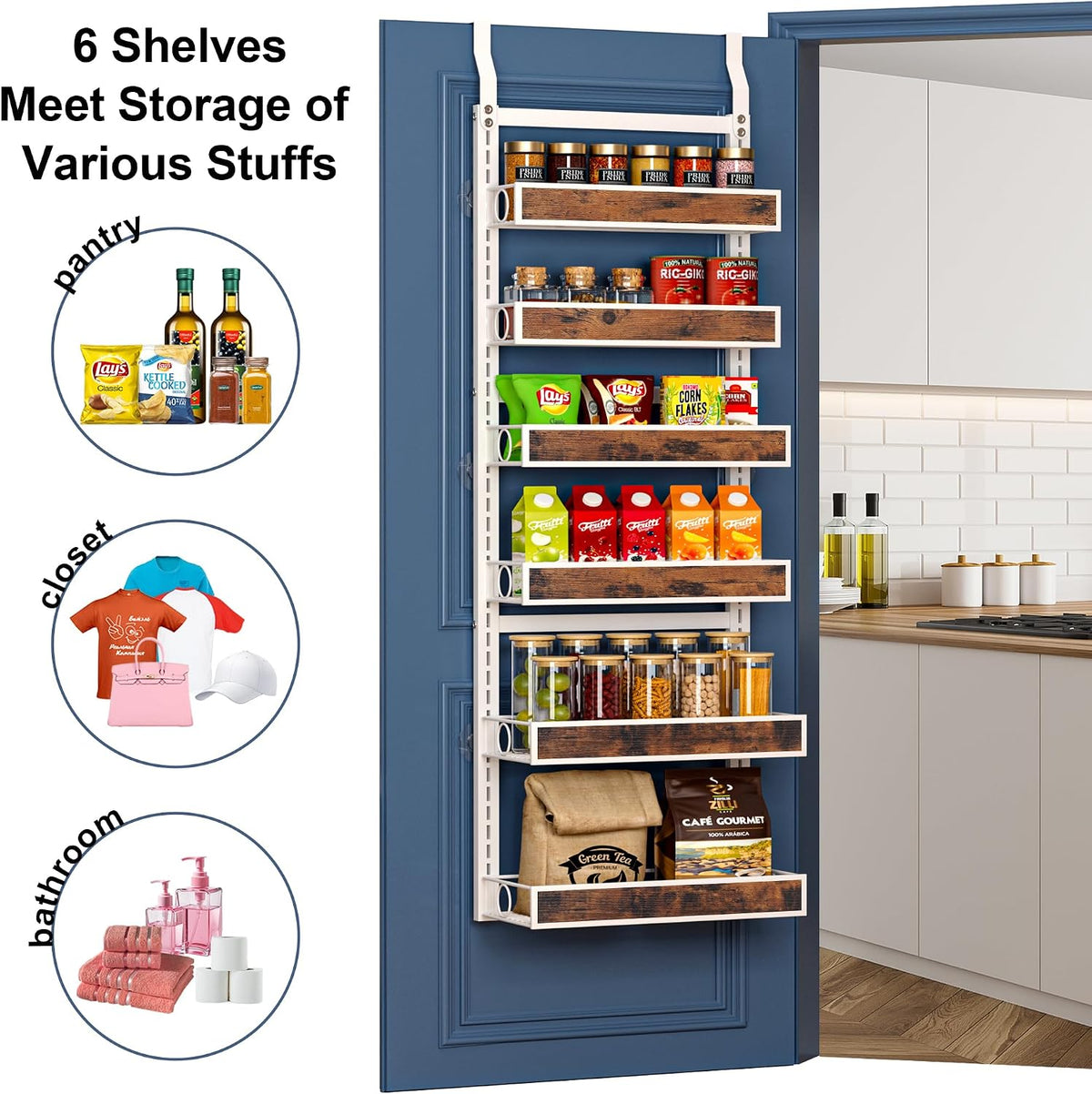 8 Tier Over The Door Pantry Orangizer 2 IN 1 Wall Mounted or Hanging Spice Rack with Adjustable Wood Basket,Heavy Duty Seasoning Storage Shelf for Kitchen Pantry and Bathroom