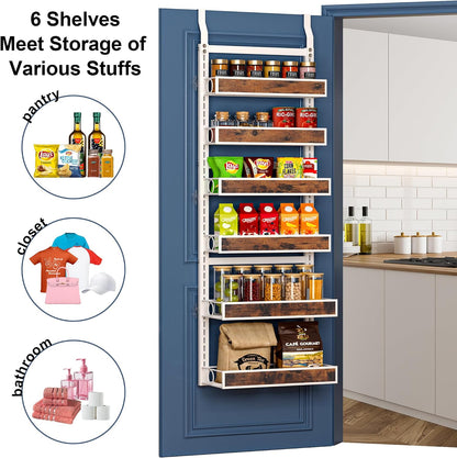 8 Tier Over The Door Pantry Orangizer 2 IN 1 Wall Mounted or Hanging Spice Rack with Adjustable Wood Basket,Heavy Duty Seasoning Storage Shelf for Kitchen Pantry and Bathroom