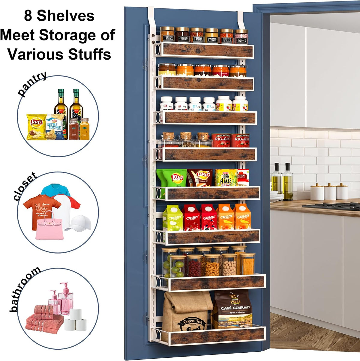 8 Tier Over The Door Pantry Orangizer 2 IN 1 Wall Mounted or Hanging Spice Rack with Adjustable Wood Basket,Heavy Duty Seasoning Storage Shelf for Kitchen Pantry and Bathroom