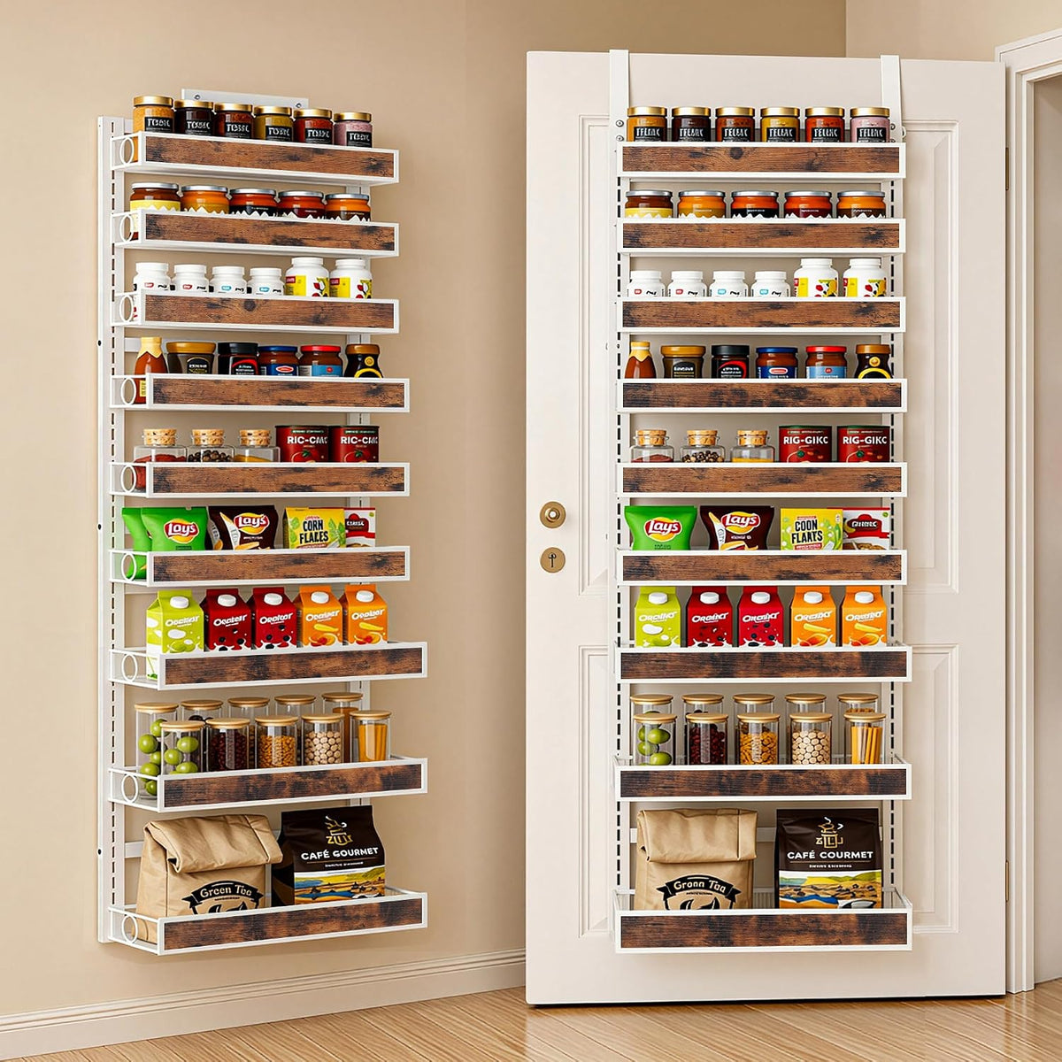 8 Tier Over The Door Pantry Orangizer 2 IN 1 Wall Mounted or Hanging Spice Rack with Adjustable Wood Basket,Heavy Duty Seasoning Storage Shelf for Kitchen Pantry and Bathroom