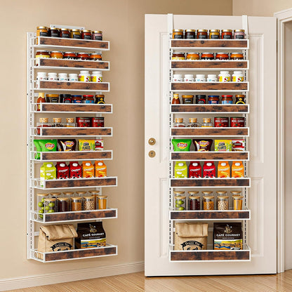 8 Tier Over The Door Pantry Orangizer 2 IN 1 Wall Mounted or Hanging Spice Rack with Adjustable Wood Basket,Heavy Duty Seasoning Storage Shelf for Kitchen Pantry and Bathroom