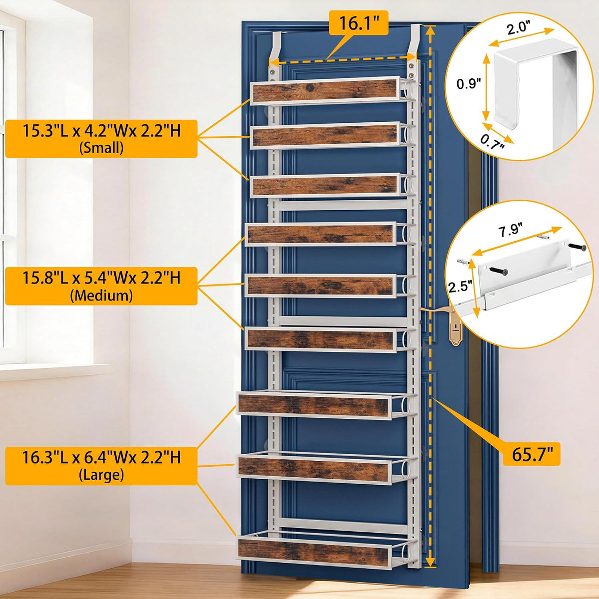 8 Tier Over The Door Pantry Orangizer 2 IN 1 Wall Mounted or Hanging Spice Rack with Adjustable Wood Basket,Heavy Duty Seasoning Storage Shelf for Kitchen Pantry and Bathroom