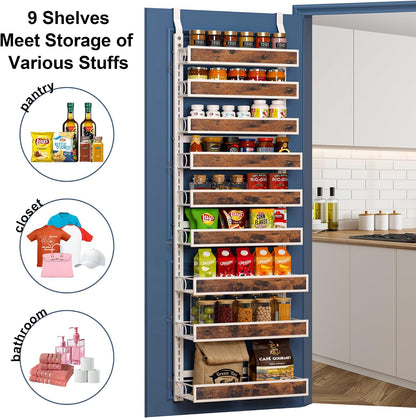 8 Tier Over The Door Pantry Orangizer 2 IN 1 Wall Mounted or Hanging Spice Rack with Adjustable Wood Basket,Heavy Duty Seasoning Storage Shelf for Kitchen Pantry and Bathroom