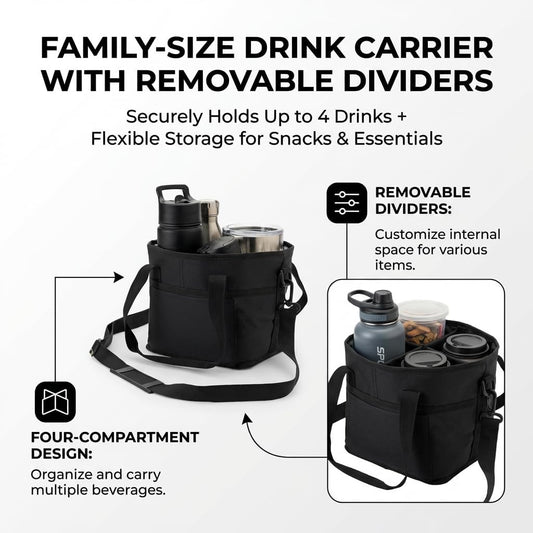 Drink Carrier, Family Size 4 Compartment Drink Bag, Insulated Leakproof Beverage Transport Bag with Divider, for Hiking, Walking, Sports, Family Outings & Daily Use