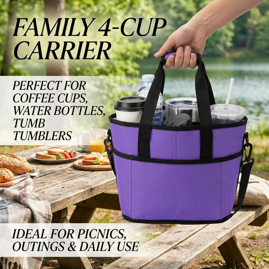 Drink Carrier, Family Size 4 Compartment Drink Bag, Insulated Leakproof Beverage Transport Bag with Divider, for Hiking, Walking, Sports, Family Outings & Daily Use