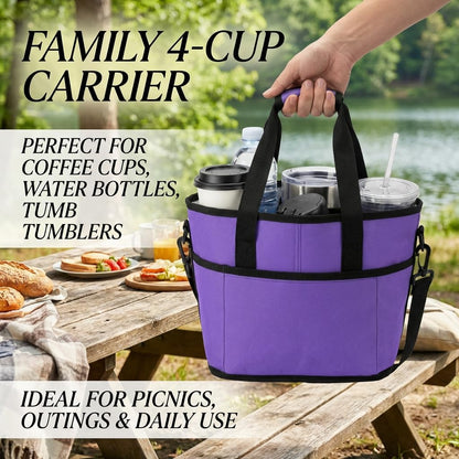 Drink Carrier, Family Size 4 Compartment Drink Bag, Insulated Leakproof Beverage Transport Bag with Divider, for Hiking, Walking, Sports, Family Outings & Daily Use