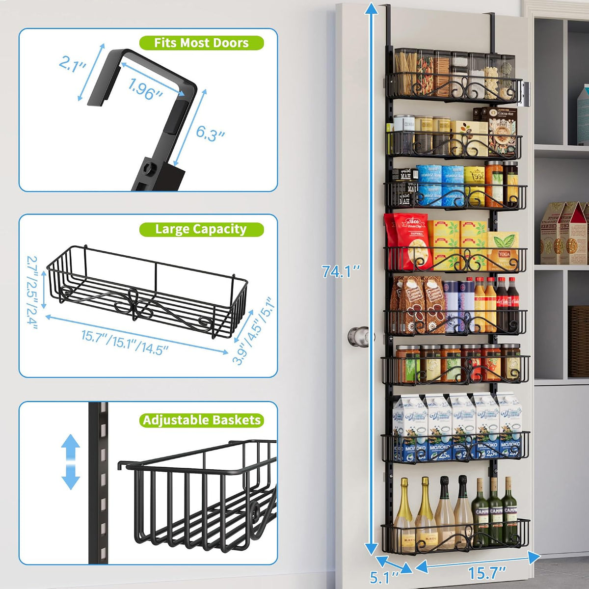 6-Tier Over Door Pantry Rack, Heavy Duty Storage Shelf for Laundry