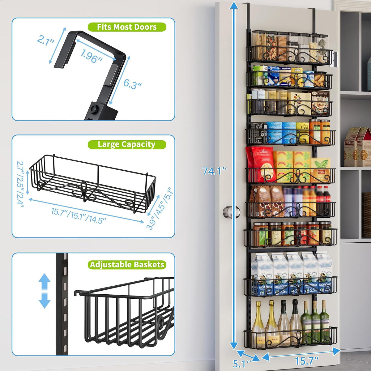 6-Tier Over Door Pantry Rack, Heavy Duty Storage Shelf for Laundry