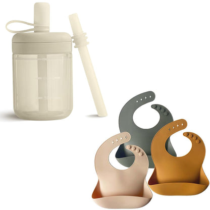 Baby Straw Cup & Silicone Bibs Set | 5oz Toddler Sippy Cup with Straw Lid + 3-Pack BPA-Free Soft Waterproof Bibs | Baby-Led Weaning Essentials for 6 Months+ | Drop-Proof, Adjustable Fit