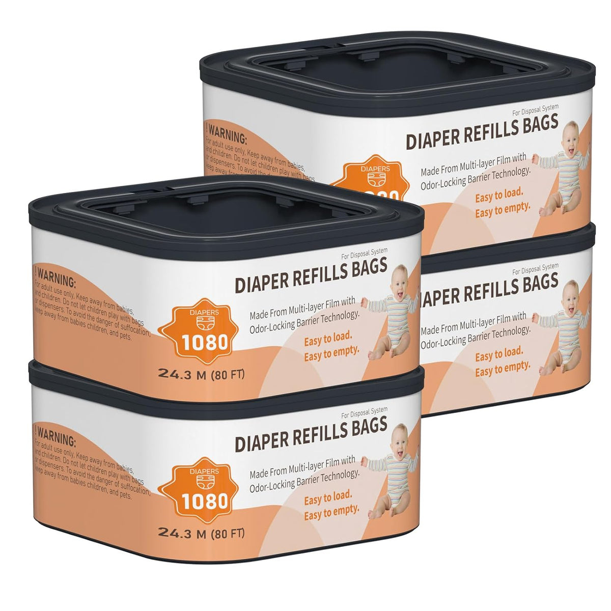 Jumbo+ Square Refills Disposal Bags Refill Compatible with Diaper Genie Compact, Classic and Select Pails, Hold Up to 1080 Newborn-Sized Diapers Per Refill, 4 Pack