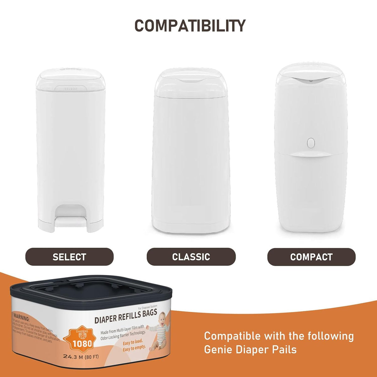 Jumbo+ Square Refills Disposal Bags Refill Compatible with Diaper Genie Compact, Classic and Select Pails, Hold Up to 1080 Newborn-Sized Diapers Per Refill, 4 Pack