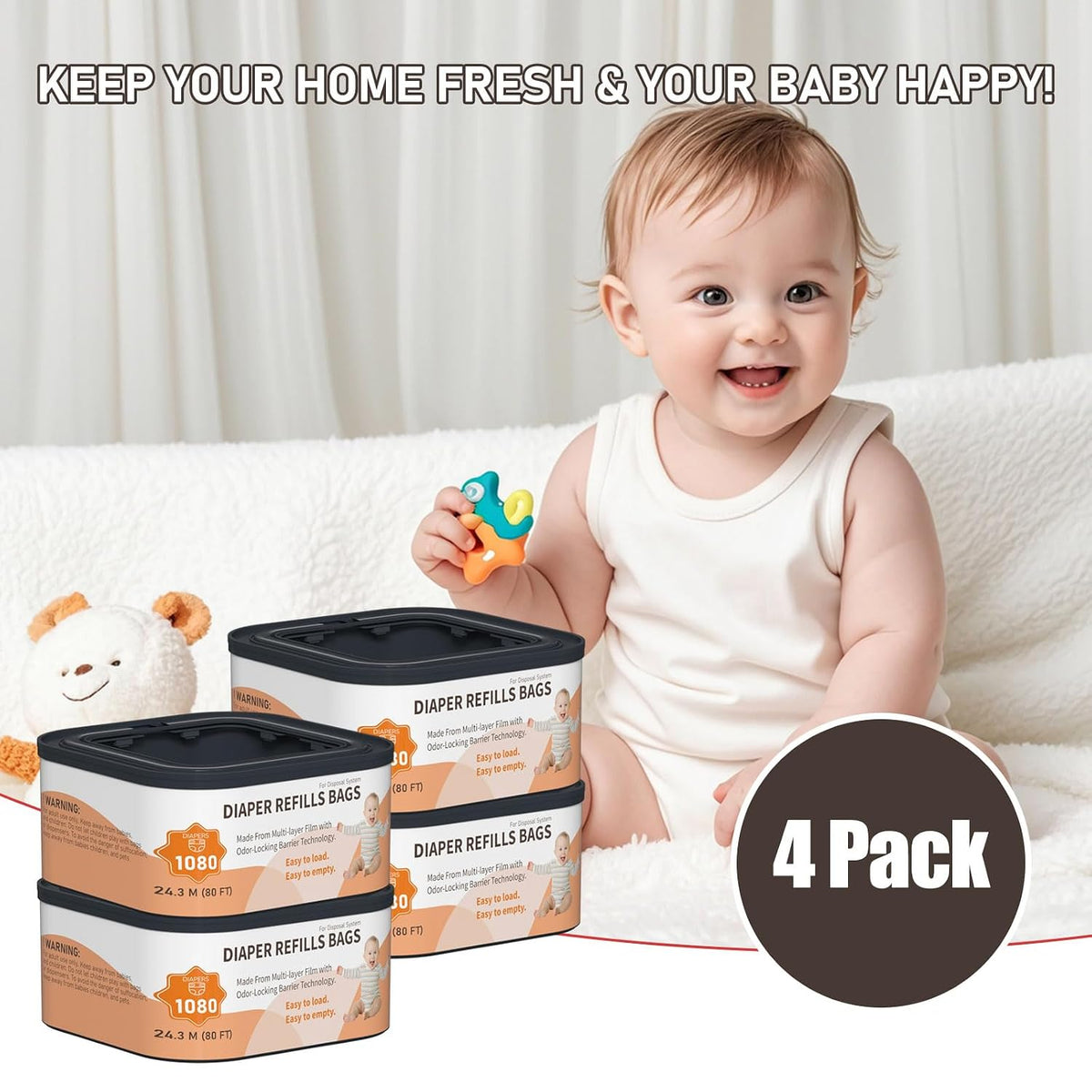 Jumbo+ Square Refills Disposal Bags Refill Compatible with Diaper Genie Compact, Classic and Select Pails, Hold Up to 1080 Newborn-Sized Diapers Per Refill, 4 Pack