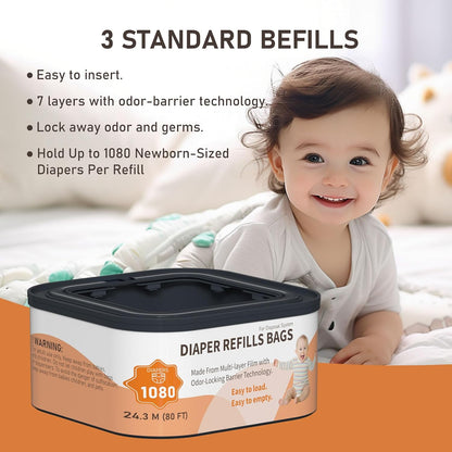 Jumbo+ Square Refills Disposal Bags Refill Compatible with Diaper Genie Compact, Classic and Select Pails, Hold Up to 1080 Newborn-Sized Diapers Per Refill, 4 Pack