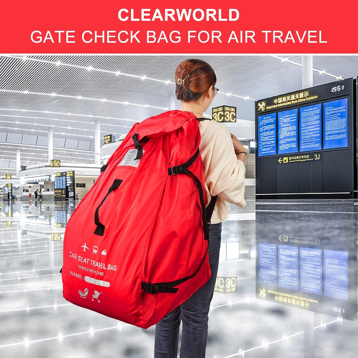 Foldable Car Seat Travel Bag, Universal Gate Check Backpack, Red