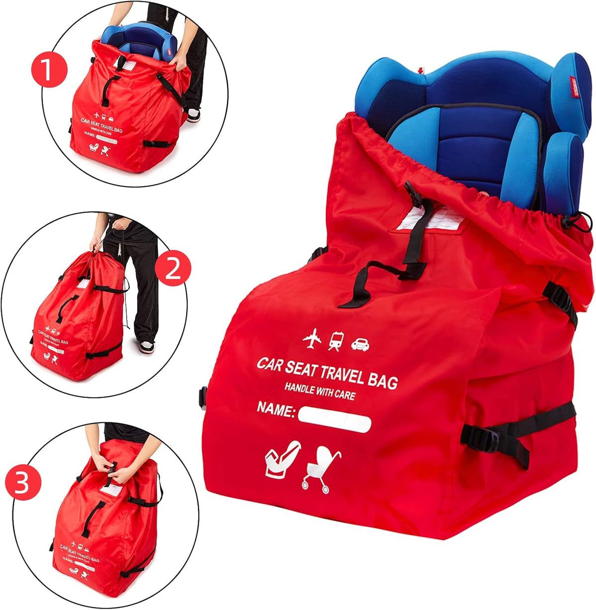Foldable Car Seat Travel Bag, Universal Gate Check Backpack, Red