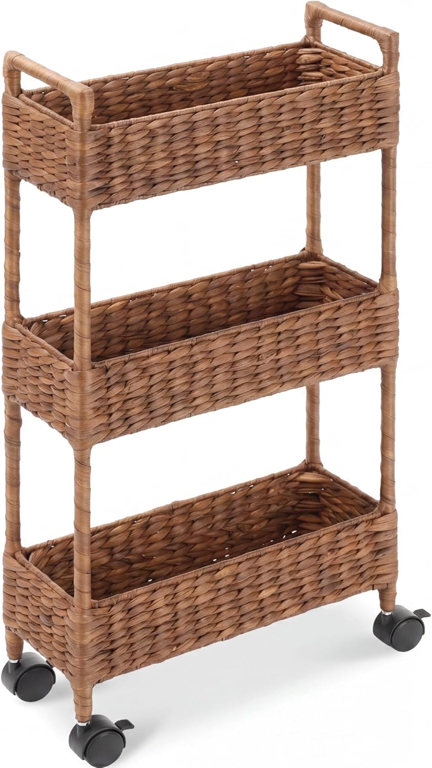 3-Tier Slim Water Hyacinth Rolling Nursery Caddy w/Wheels, Handwoven Utility Cart, Narrow Storage Organization for Bathroom, Craft Room, Laundry Room - Natural