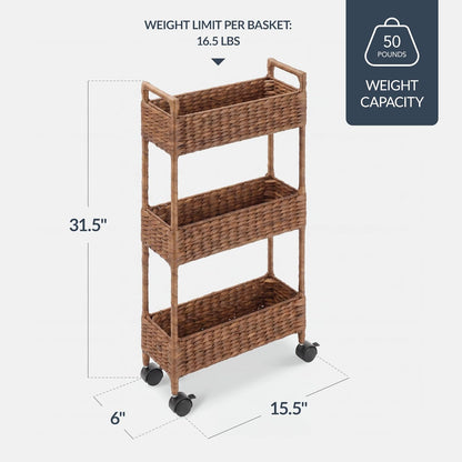 3-Tier Slim Water Hyacinth Rolling Nursery Caddy w/Wheels, Handwoven Utility Cart, Narrow Storage Organization for Bathroom, Craft Room, Laundry Room - Natural