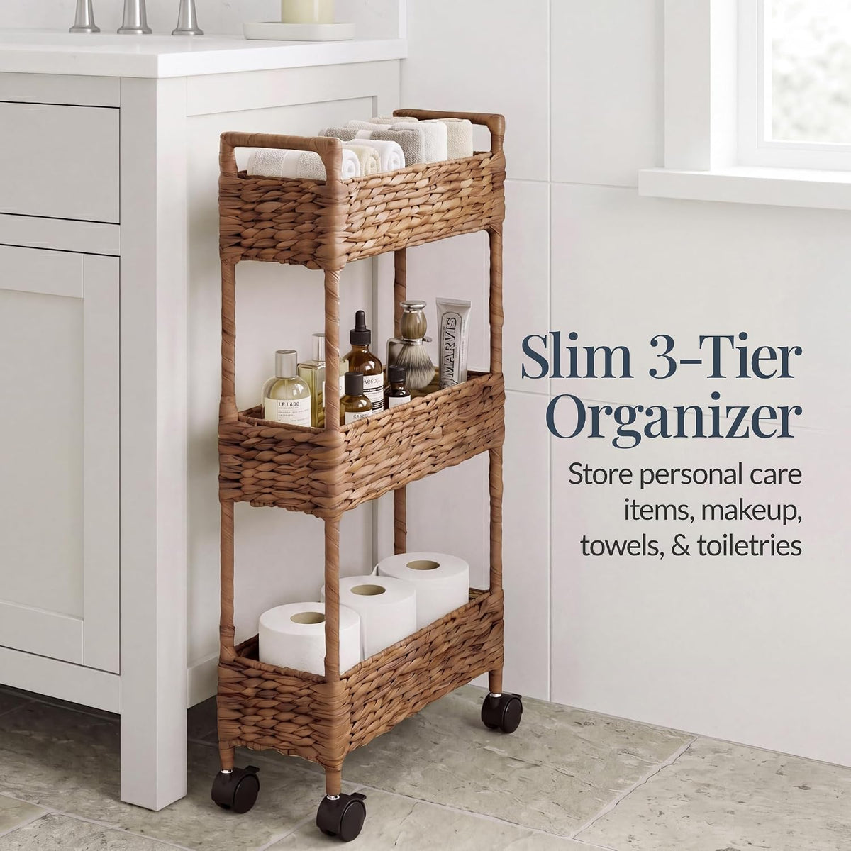 3-Tier Slim Water Hyacinth Rolling Nursery Caddy w/Wheels, Handwoven Utility Cart, Narrow Storage Organization for Bathroom, Craft Room, Laundry Room - Natural