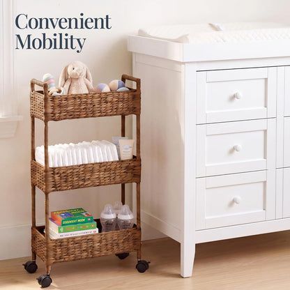 3-Tier Slim Water Hyacinth Rolling Nursery Caddy w/Wheels, Handwoven Utility Cart, Narrow Storage Organization for Bathroom, Craft Room, Laundry Room - Natural