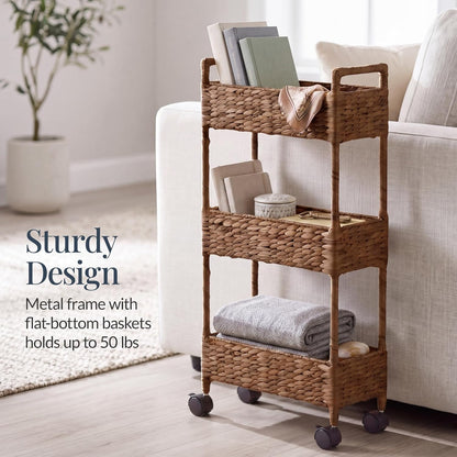 3-Tier Slim Water Hyacinth Rolling Nursery Caddy w/Wheels, Handwoven Utility Cart, Narrow Storage Organization for Bathroom, Craft Room, Laundry Room - Natural
