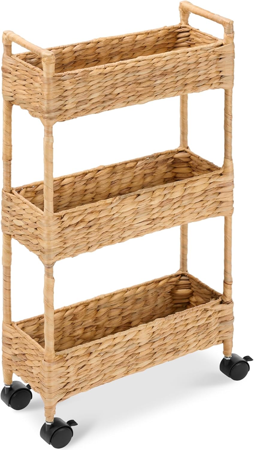 3-Tier Slim Water Hyacinth Rolling Nursery Caddy w/Wheels, Handwoven Utility Cart, Narrow Storage Organization for Bathroom, Craft Room, Laundry Room - Natural