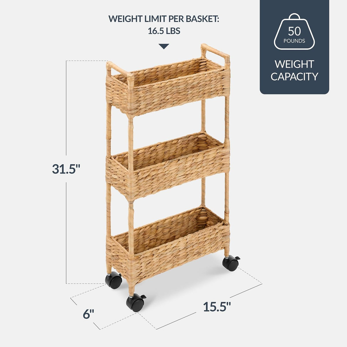 3-Tier Slim Water Hyacinth Rolling Nursery Caddy w/Wheels, Handwoven Utility Cart, Narrow Storage Organization for Bathroom, Craft Room, Laundry Room - Natural