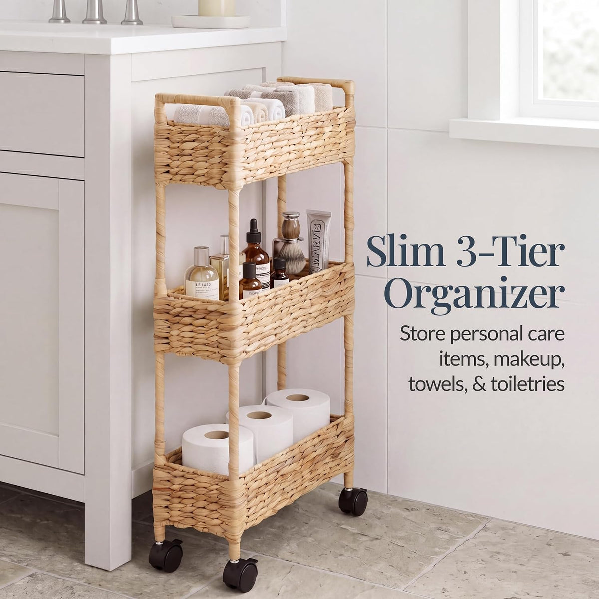 3-Tier Slim Water Hyacinth Rolling Nursery Caddy w/Wheels, Handwoven Utility Cart, Narrow Storage Organization for Bathroom, Craft Room, Laundry Room - Natural