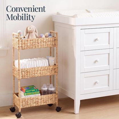3-Tier Slim Water Hyacinth Rolling Nursery Caddy w/Wheels, Handwoven Utility Cart, Narrow Storage Organization for Bathroom, Craft Room, Laundry Room - Natural