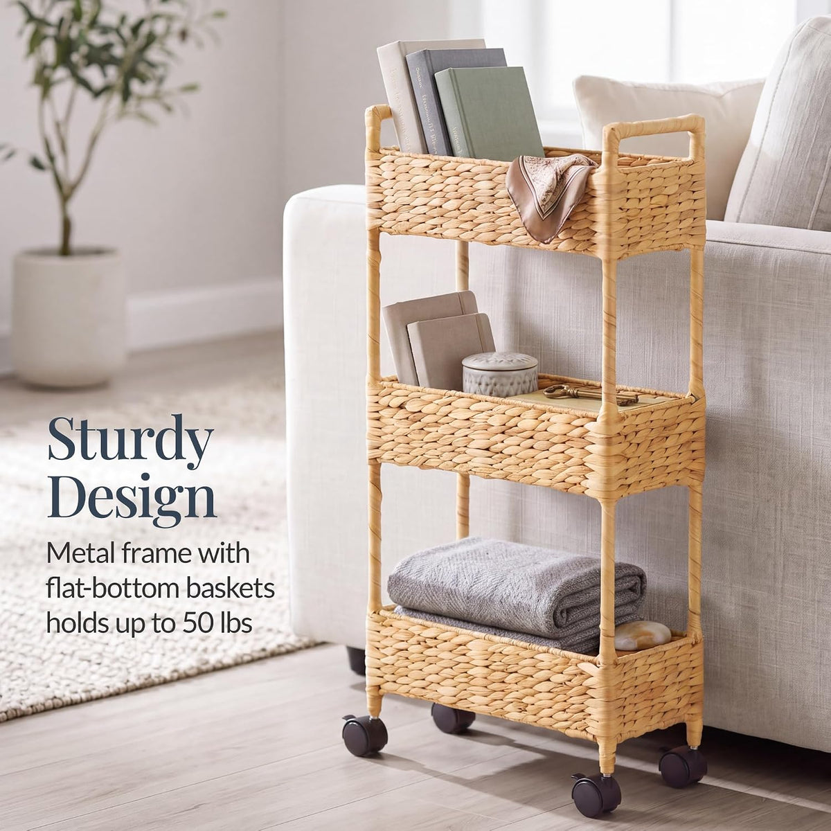 3-Tier Slim Water Hyacinth Rolling Nursery Caddy w/Wheels, Handwoven Utility Cart, Narrow Storage Organization for Bathroom, Craft Room, Laundry Room - Natural
