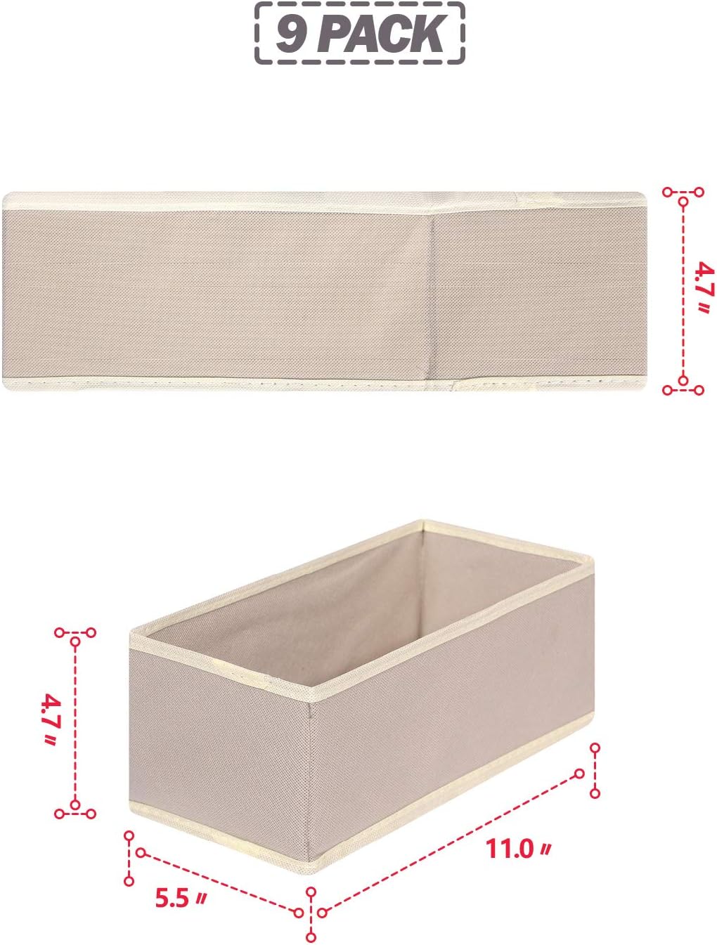 9 Pack Foldable Cloth Storage Box Closet Dresser Drawer Organizer Fabric Baskets Bins Containers Divider for Clothes Underwear Bras Socks Lingerie Clothing,Beige 090