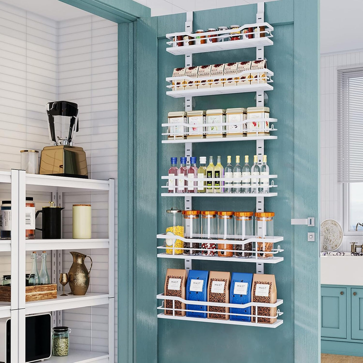 Over The Door Pantry Organizer，9-Tier Over The Door Organizer with Adjustable Basket，Metal Hanging Pantry Organizers and Storage for Kitchen, Back of Door Seasoning Rack