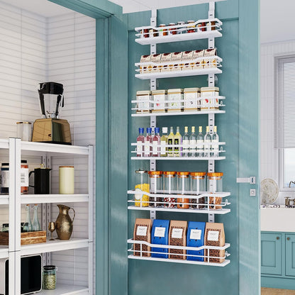 Over The Door Pantry Organizer，9-Tier Over The Door Organizer with Adjustable Basket，Metal Hanging Pantry Organizers and Storage for Kitchen, Back of Door Seasoning Rack