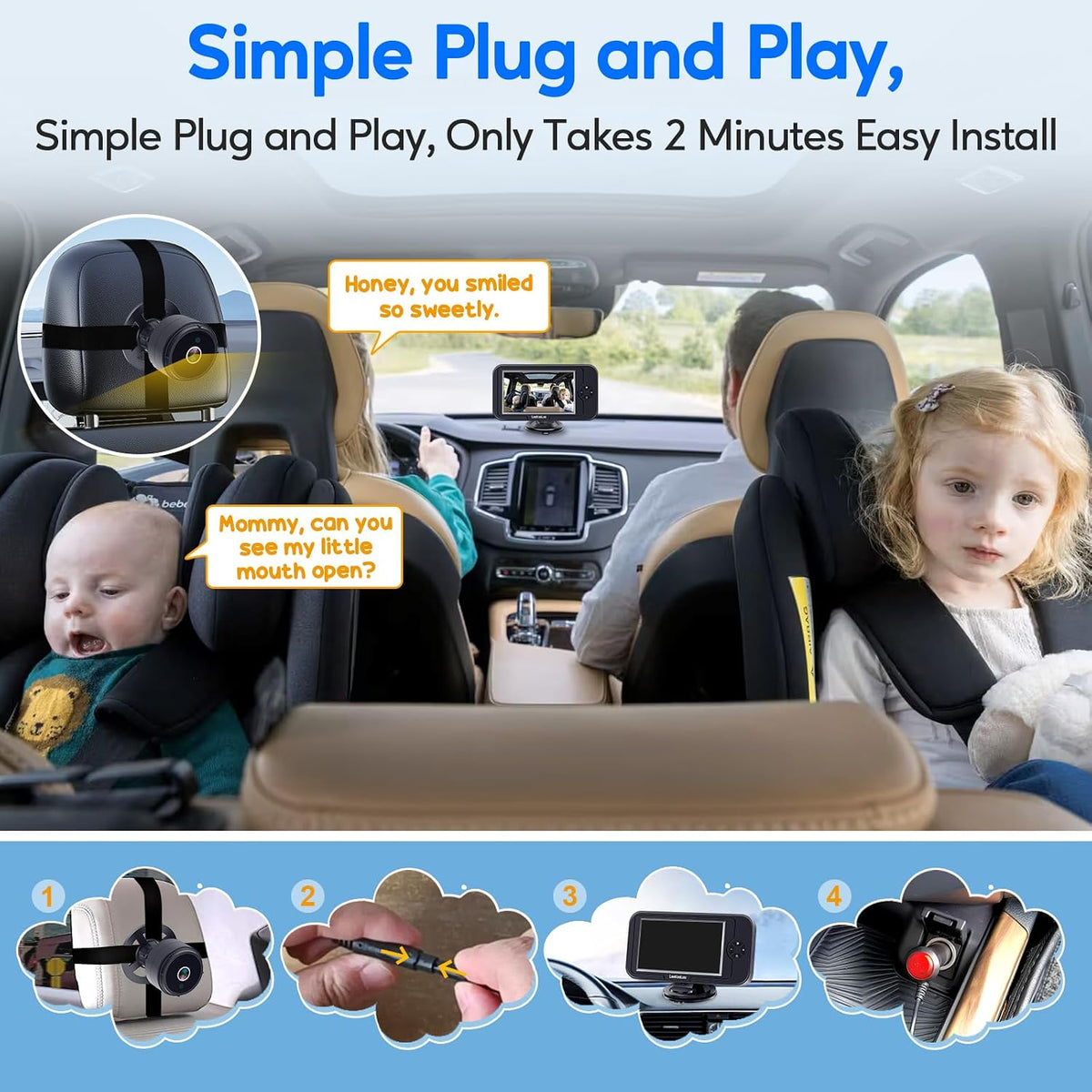 Baby Car Camera for Backseat 1080P - Plug and Play HD Crystal Night Vision