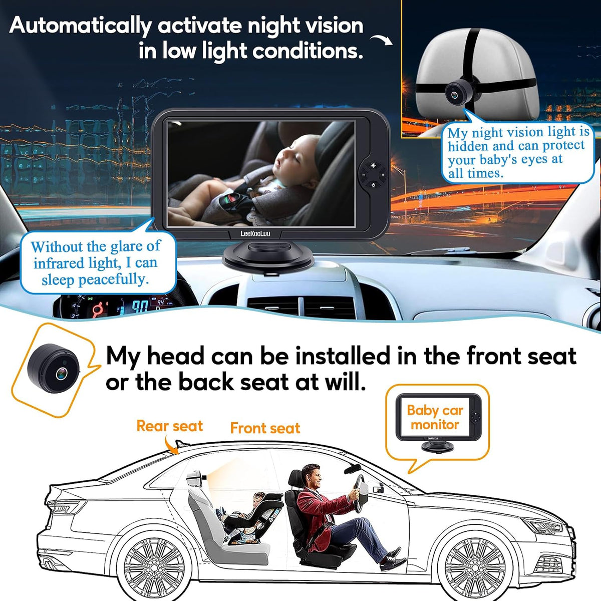 Baby Car Camera for Backseat 1080P - Plug and Play HD Crystal Night Vision