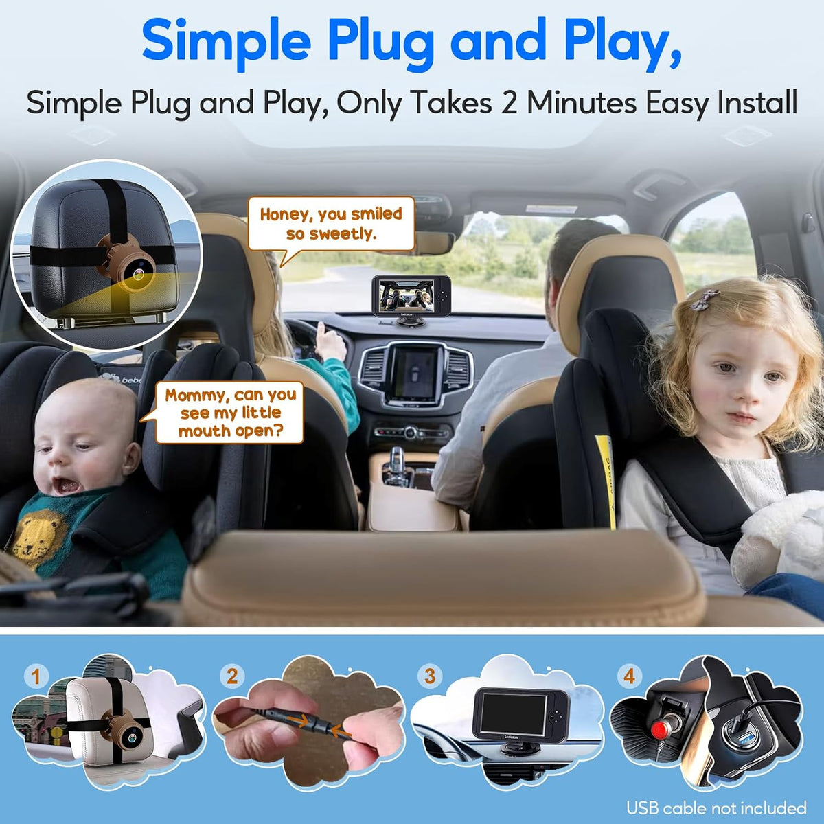 Baby Car Camera for Backseat 1080P - Plug and Play HD Crystal Night Vision