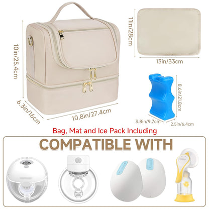 Wearable Breast Pump Bag with Cooler Compartment Fits for Willow/Eufy/Elvie/Momcozy M5/S12 Pro/Medela, Breast Milk Travel Tote Bag with Ice Pack & Waterproof Mat,Black