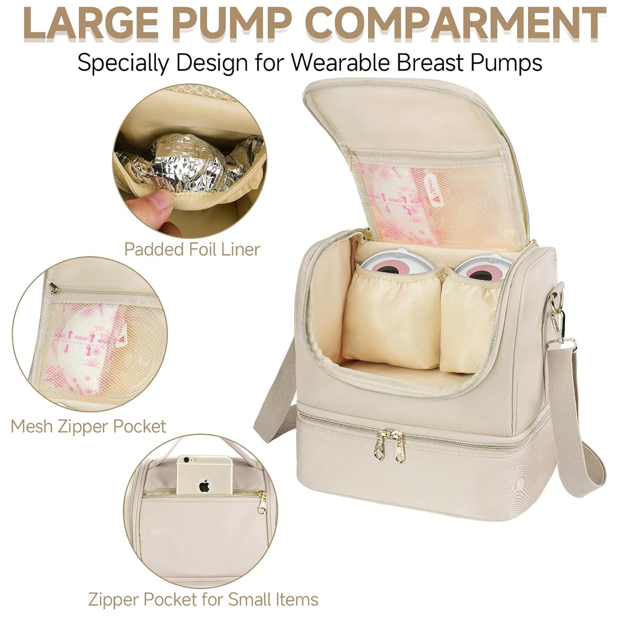 Wearable Breast Pump Bag with Cooler Compartment Fits for Willow/Eufy/Elvie/Momcozy M5/S12 Pro/Medela, Breast Milk Travel Tote Bag with Ice Pack & Waterproof Mat,Black