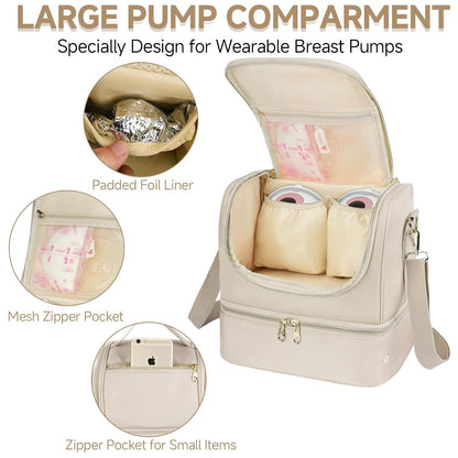 Wearable Breast Pump Bag with Cooler Compartment Fits for Willow/Eufy/Elvie/Momcozy M5/S12 Pro/Medela, Breast Milk Travel Tote Bag with Ice Pack & Waterproof Mat,Black