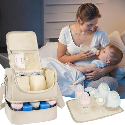Wearable Breast Pump Bag with Cooler Compartment Fits for Willow/Eufy/Elvie/Momcozy M5/S12 Pro/Medela, Breast Milk Travel Tote Bag with Ice Pack & Waterproof Mat,Black