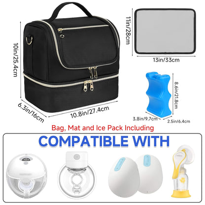Wearable Breast Pump Bag with Cooler Compartment Fits for Willow/Eufy/Elvie/Momcozy M5/S12 Pro/Medela, Breast Milk Travel Tote Bag with Ice Pack & Waterproof Mat,Black